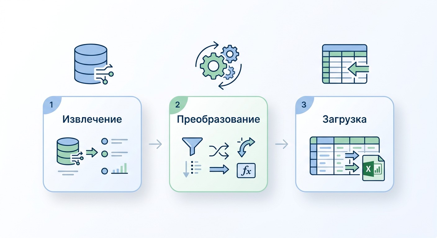 Инфографика ETL-процесса Power Query: извлечение, преобразование, загрузка данных