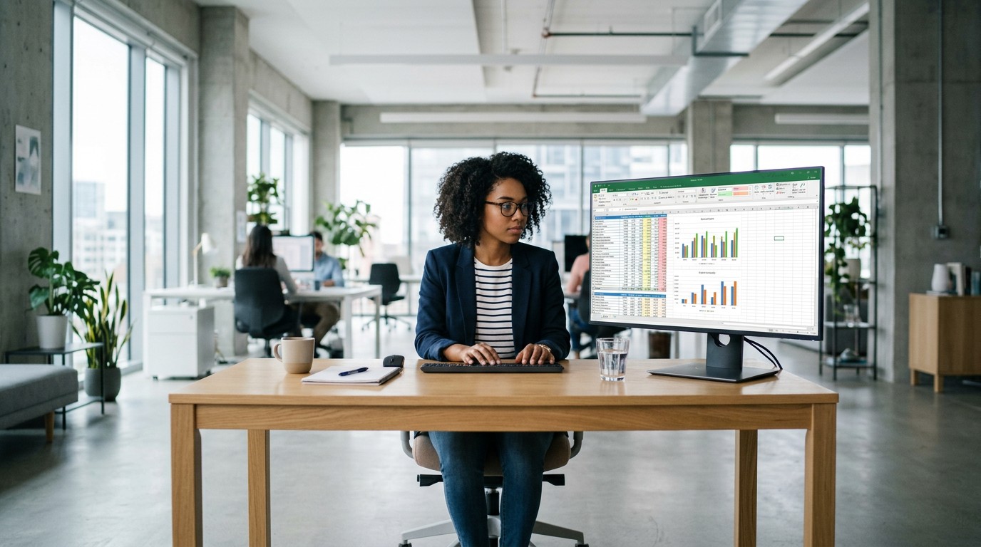Работа с Excel для анализа данных — специалист за компьютером с таблицами