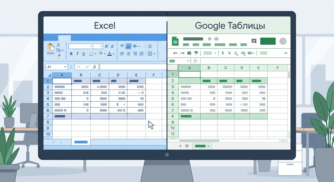 Сравнение интерфейса Excel и Google Таблицы с формулами