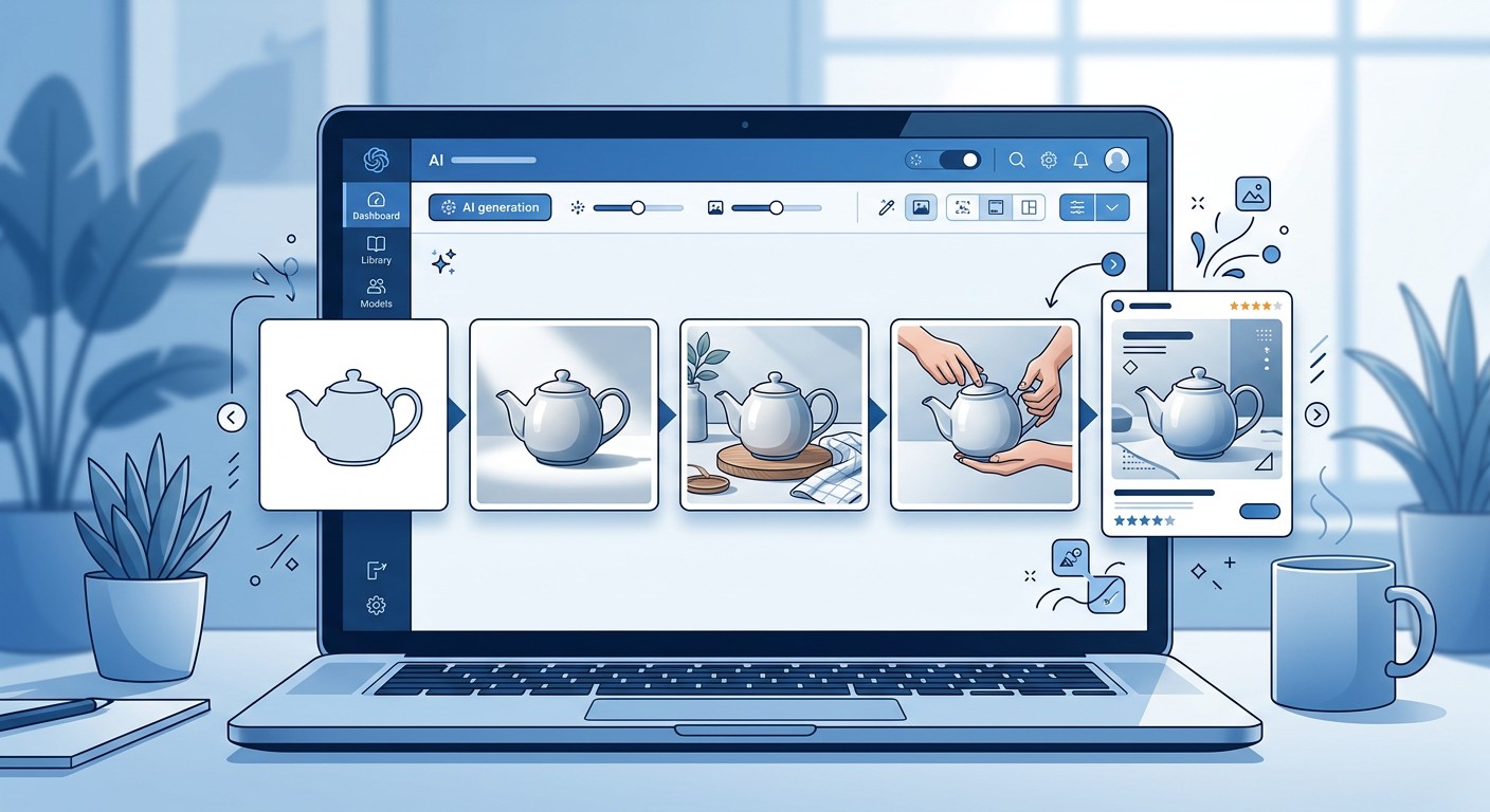 Интерфейс Fabula AI с примером фотоворонки из пяти слайдов карточки товара