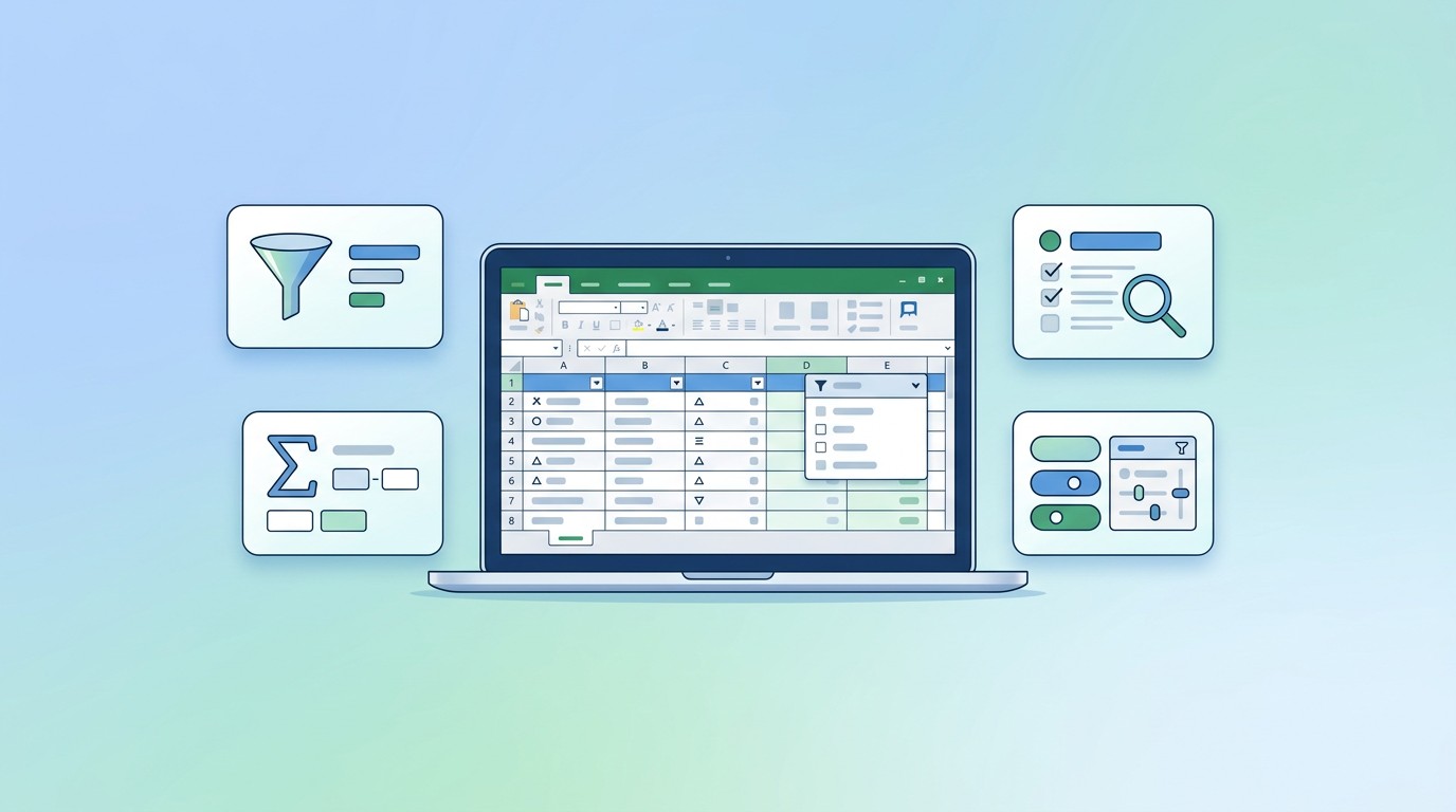 Четыре инструмента фильтрации в Excel на экране ноутбука