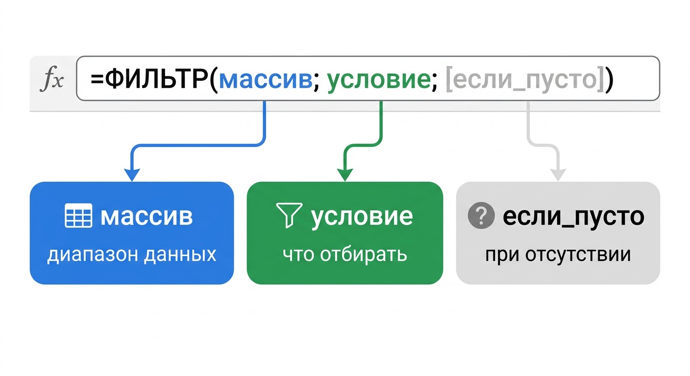 Синтаксис функции ФИЛЬТР в Excel с описанием аргументов
