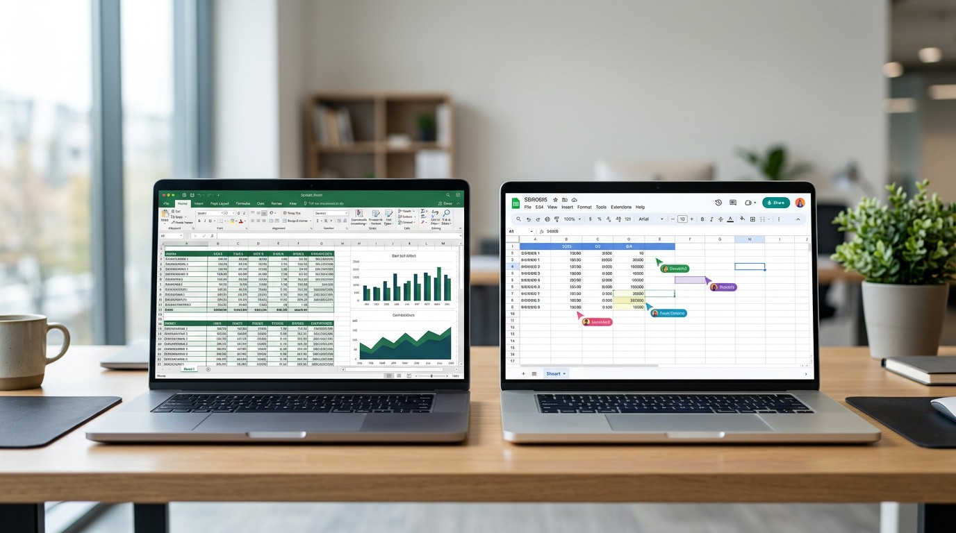 Интерфейсы Google Таблицы и Excel рядом на двух экранах
