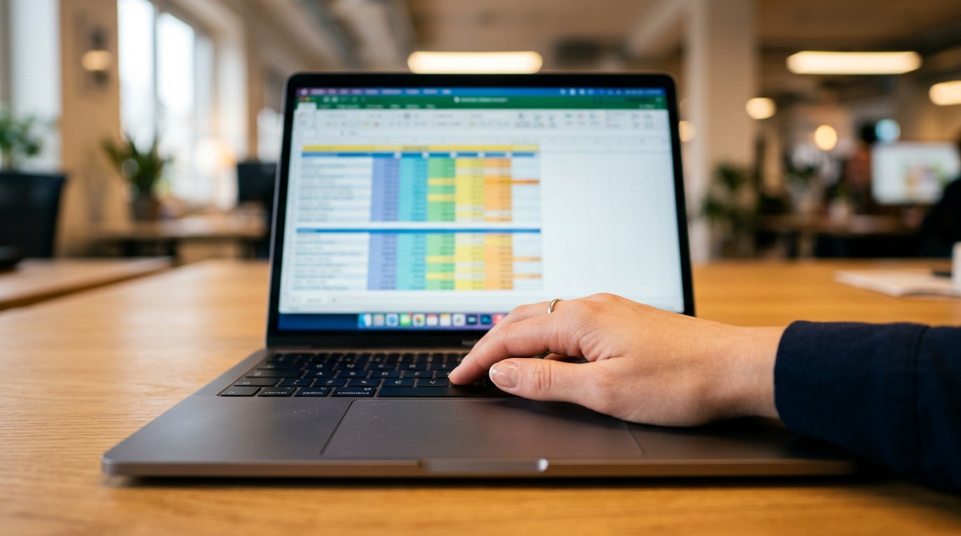 Рука на ноутбуке с открытой таблицей Excel — горячие клавиши