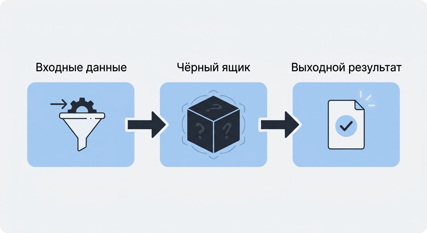 Схема тестирования чёрного ящика: входные данные, чёрный ящик, выходной результат
