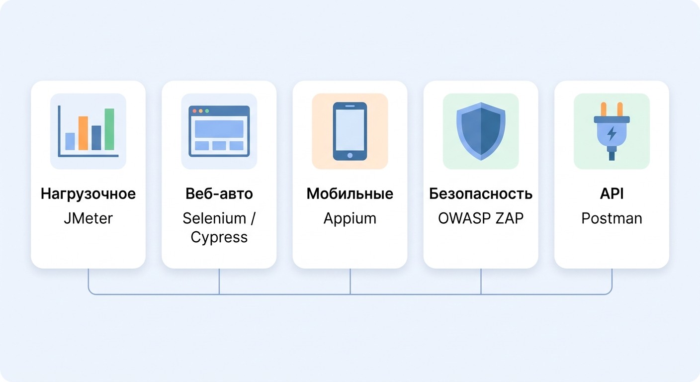 Инструменты тестирования: JMeter, Selenium, Appium, OWASP ZAP, Postman