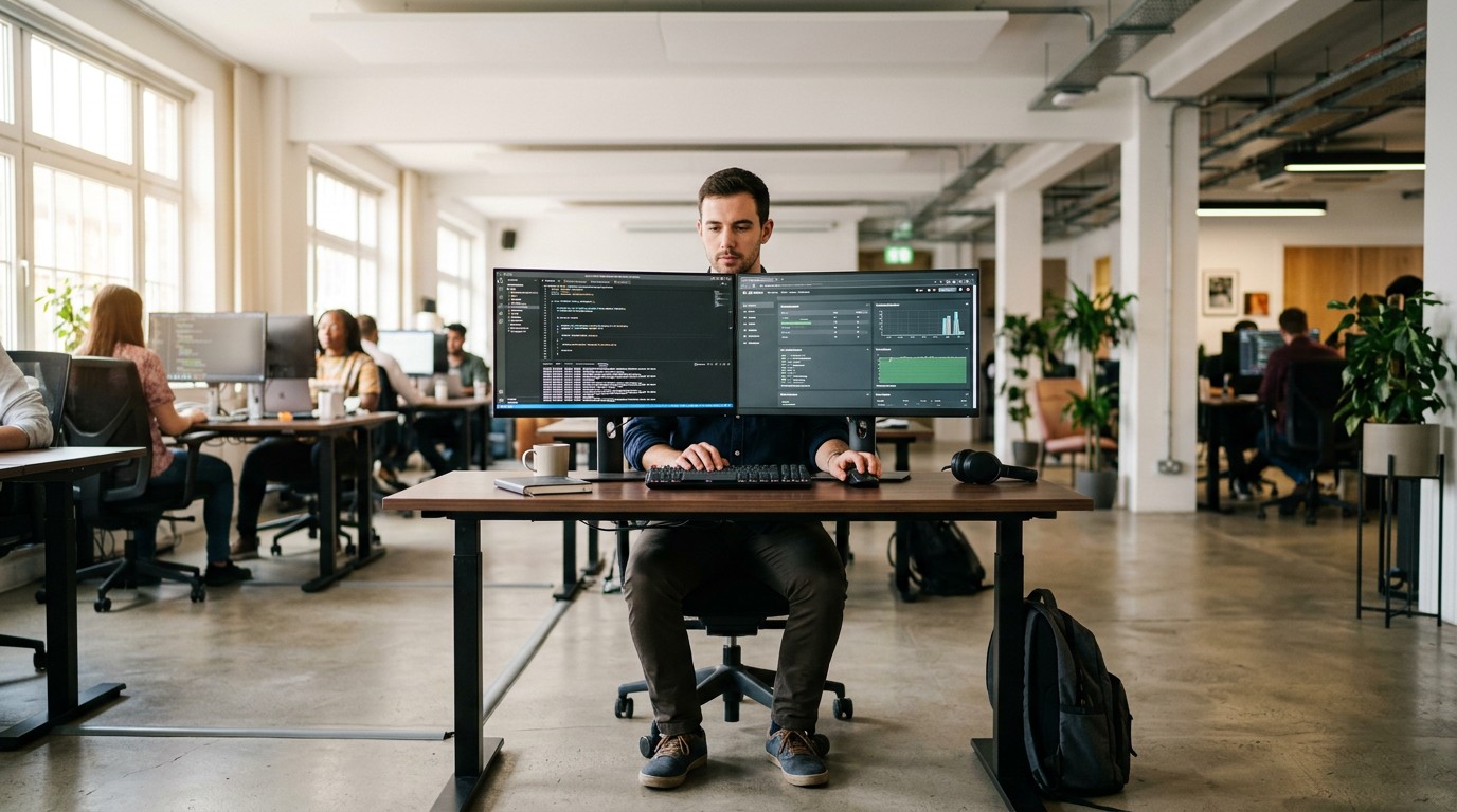 Тестировщик программного обеспечения работает за ноутбуком в IT-офисе