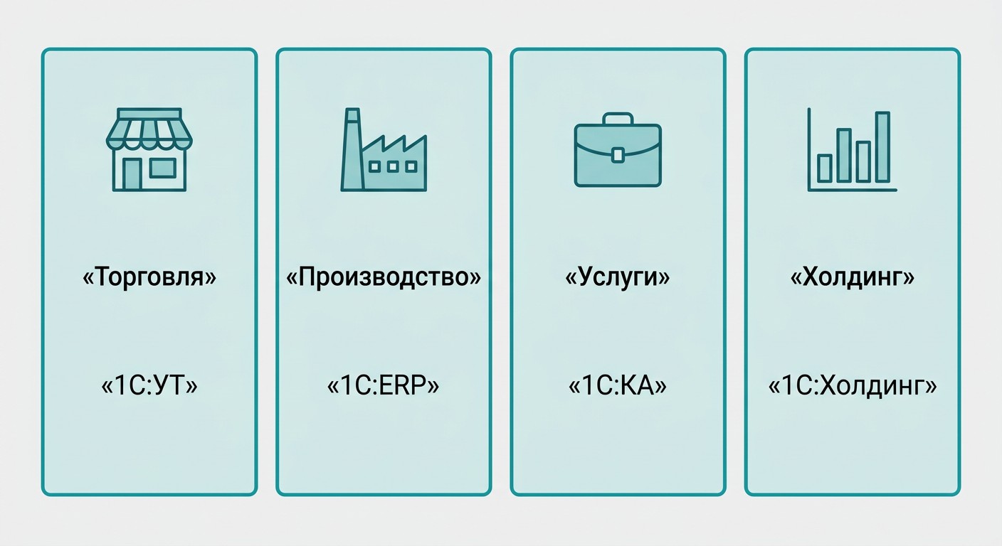 Инфографика: какой продукт 1С подходит для торговли, производства, услуг и холдинга