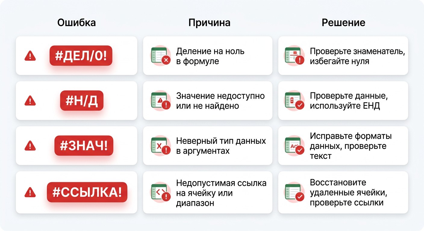 Коды ошибок формул Excel с причинами и способами исправления