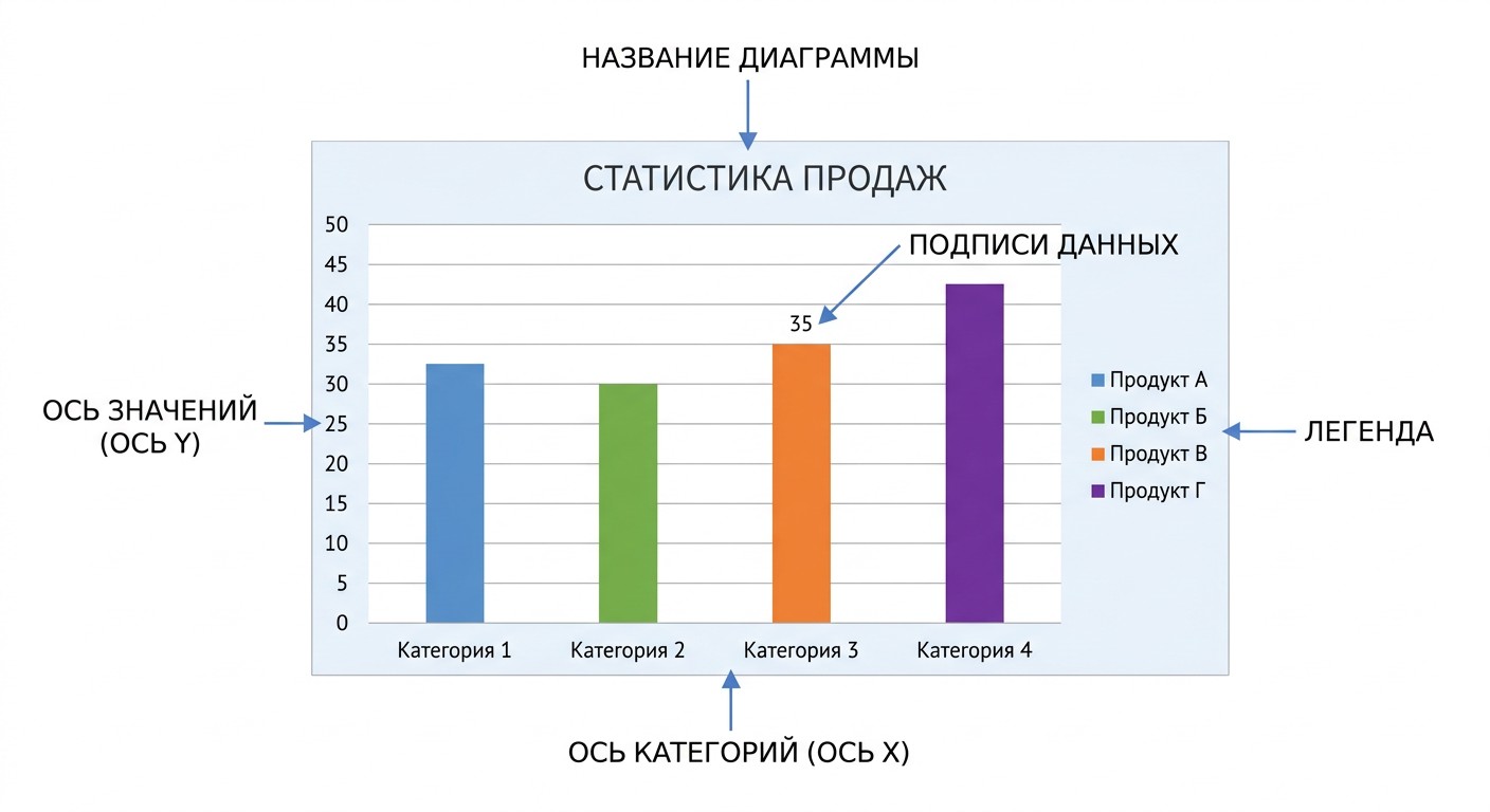 Схема компонентов диаграммы Excel: оси, легенда, название, подписи