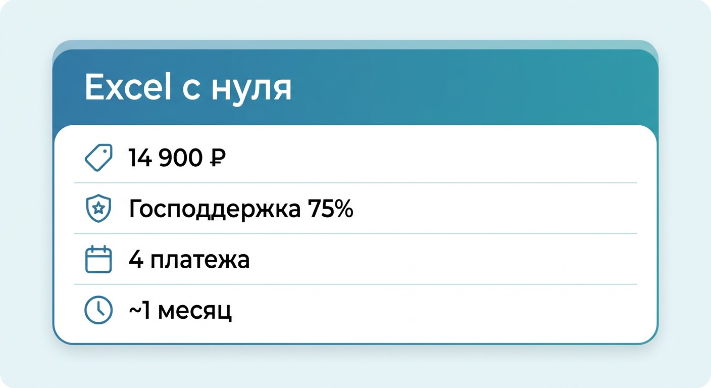 Карточка курса Excel: цена 14 900 ₽ и господдержка 75%
