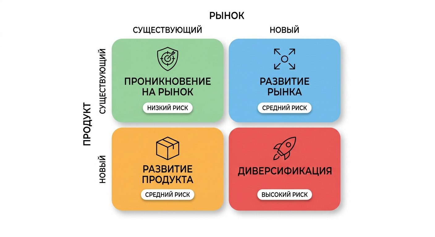 Матрица Ансоффа 2×2 — квадранты стратегий роста с уровнями риска