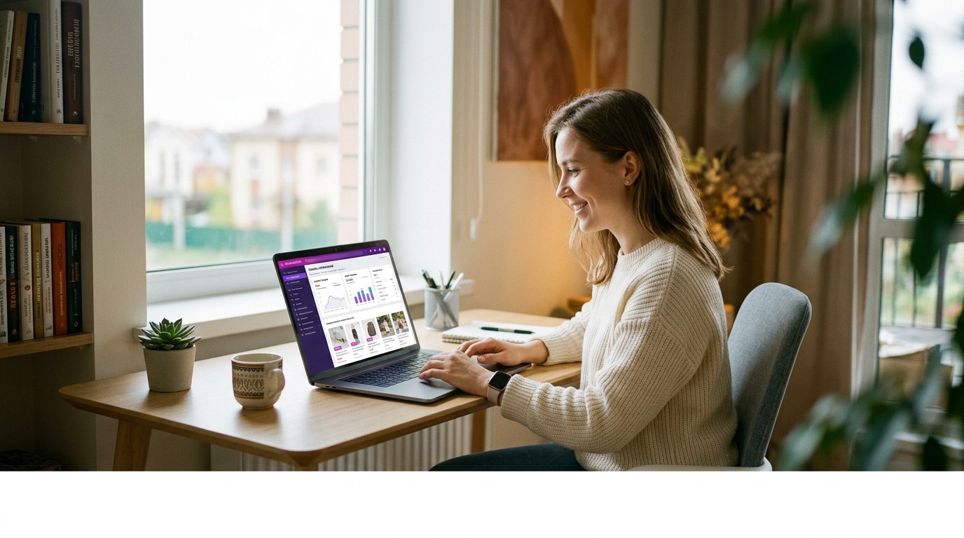 Менеджер маркетплейсов за ноутбуком с интерфейсом торговой платформы