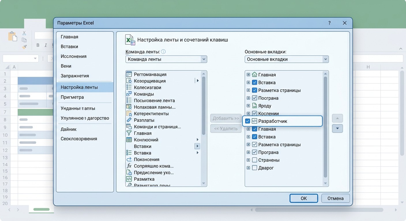 Настройка ленты Excel в Windows — включение вкладки Разработчик