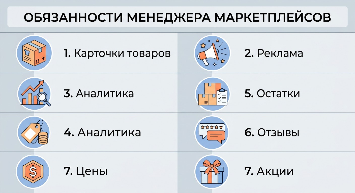Инфографика: семь ключевых обязанностей менеджера маркетплейсов