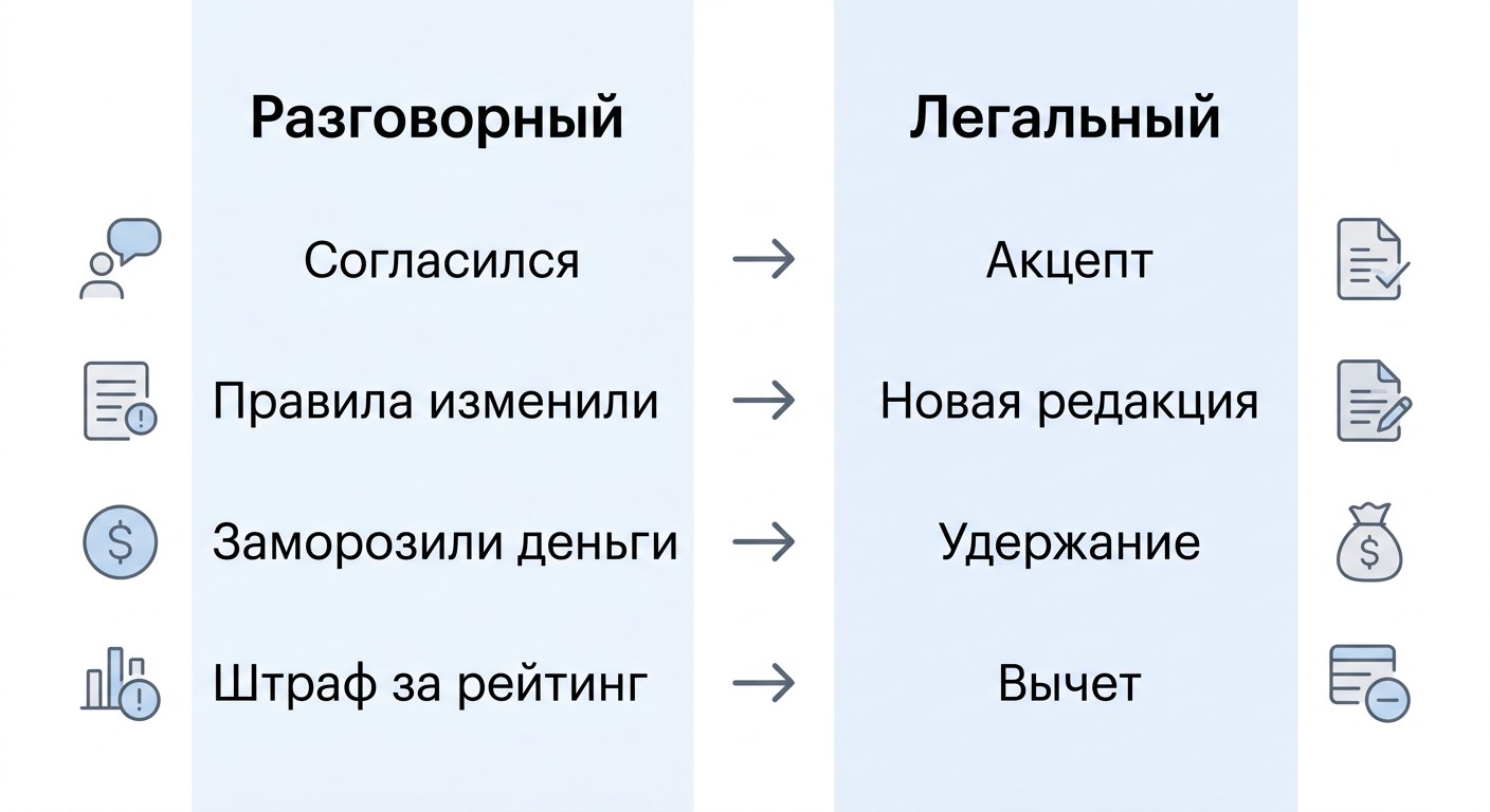 Схема: разговорные термины оферты маркетплейса и их легальные эквиваленты