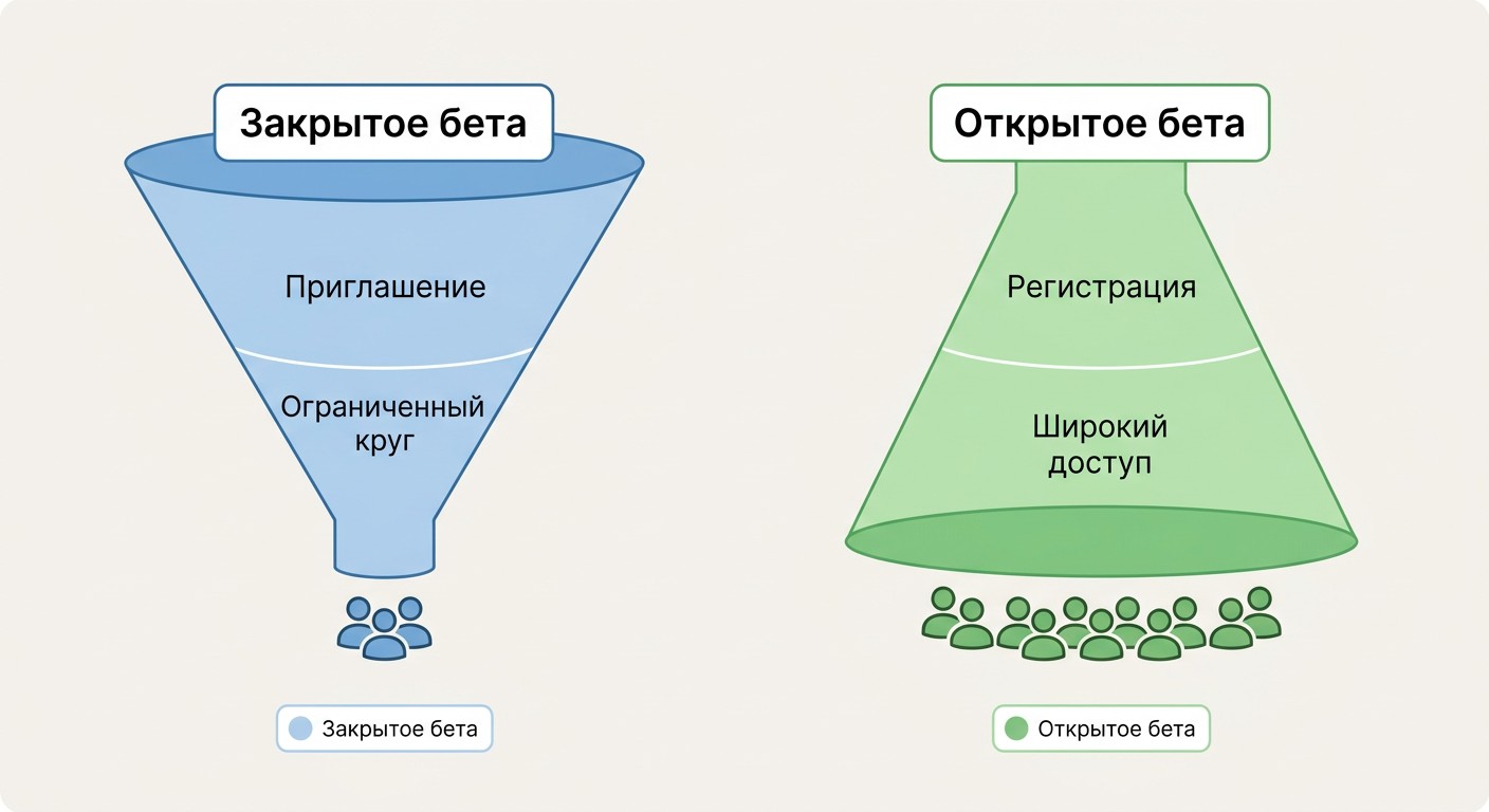 Схема воронок открытого и закрытого бета-тестирования с типами доступа и примерами