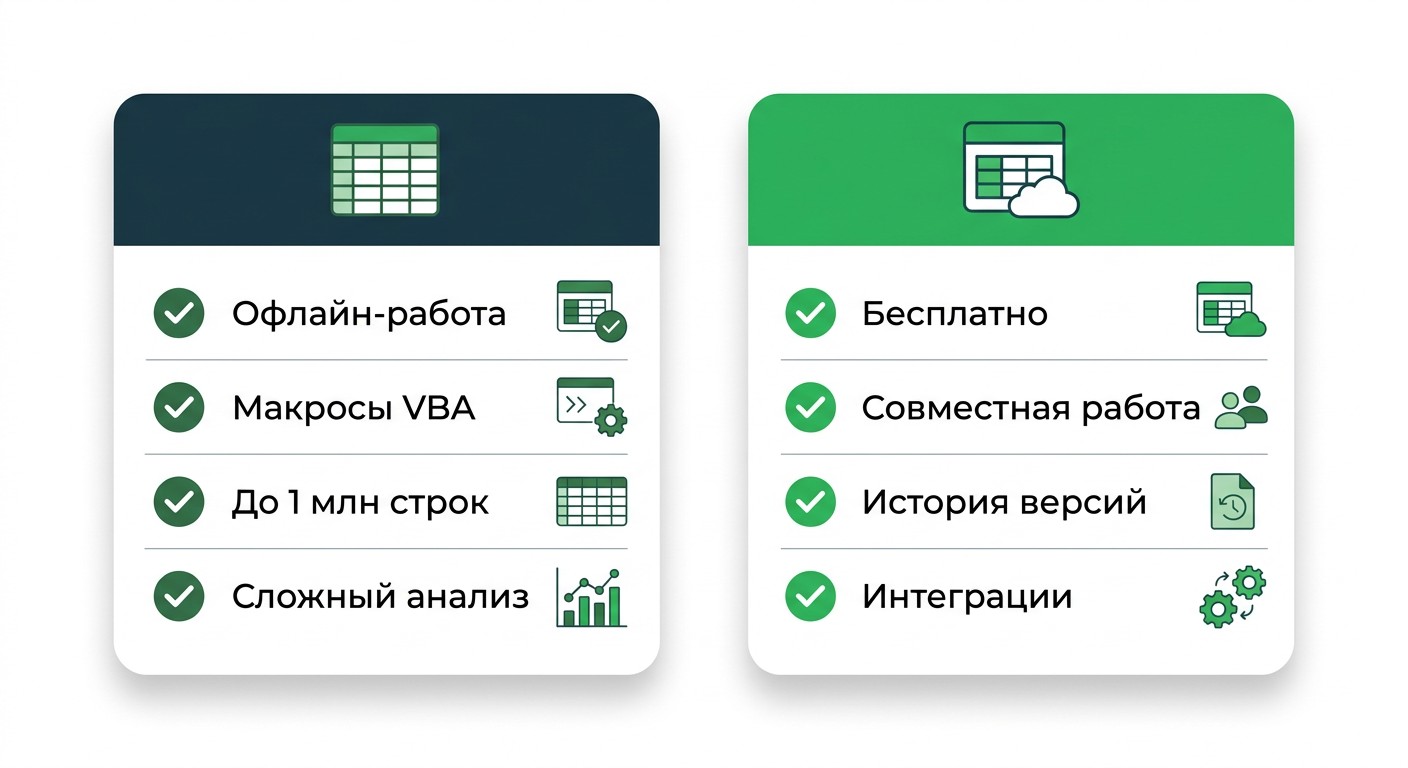 Плюсы Excel и Google Таблиц — сравнение по столбцам