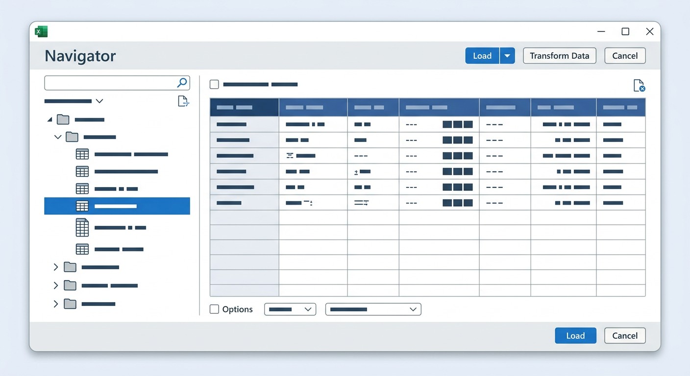 Навигатор Power Query при импорте XLS-файла — выбор листа и превью данных