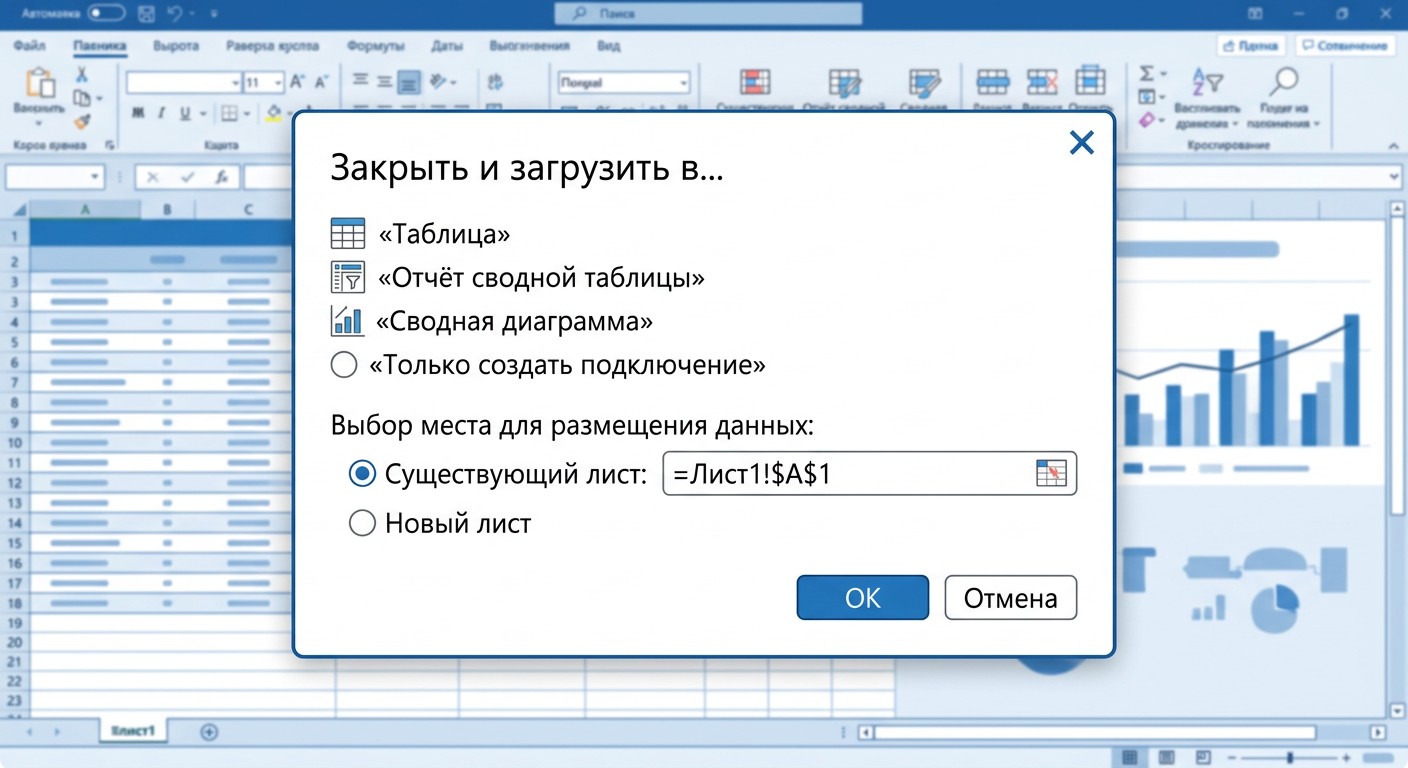 Диалог «Закрыть и загрузить в» Power Query — параметры выгрузки данных