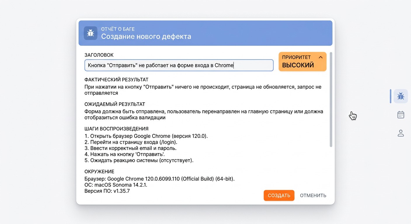 Пример баг-репорта тестировщика с полями приоритет и результат
