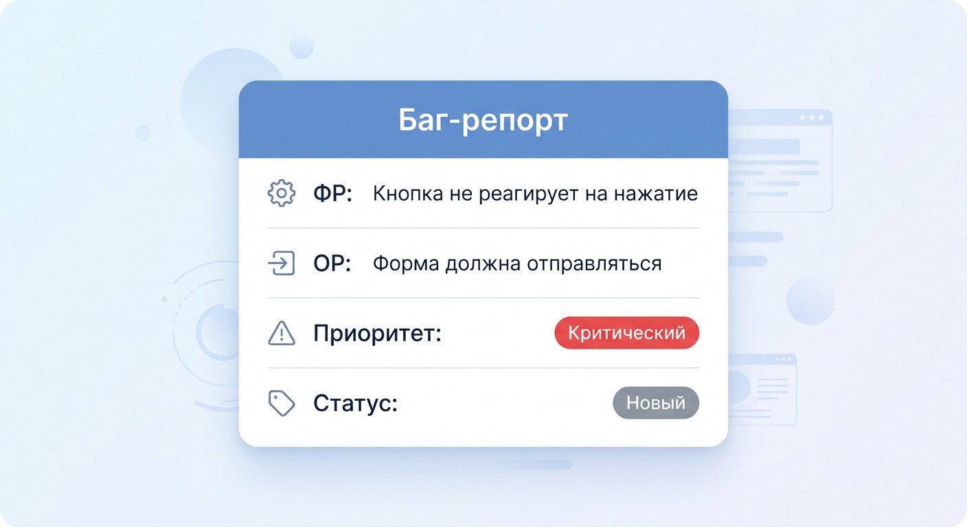 Образец баг-репорта тестировщика с полями ФР, ОР и приоритетом