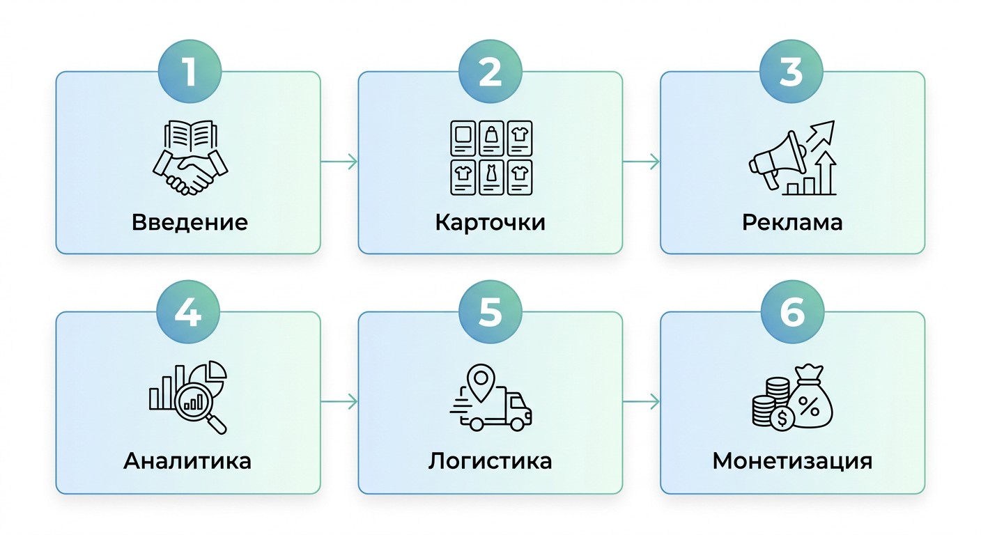 Блок-схема шести модулей программы курса менеджера маркетплейсов