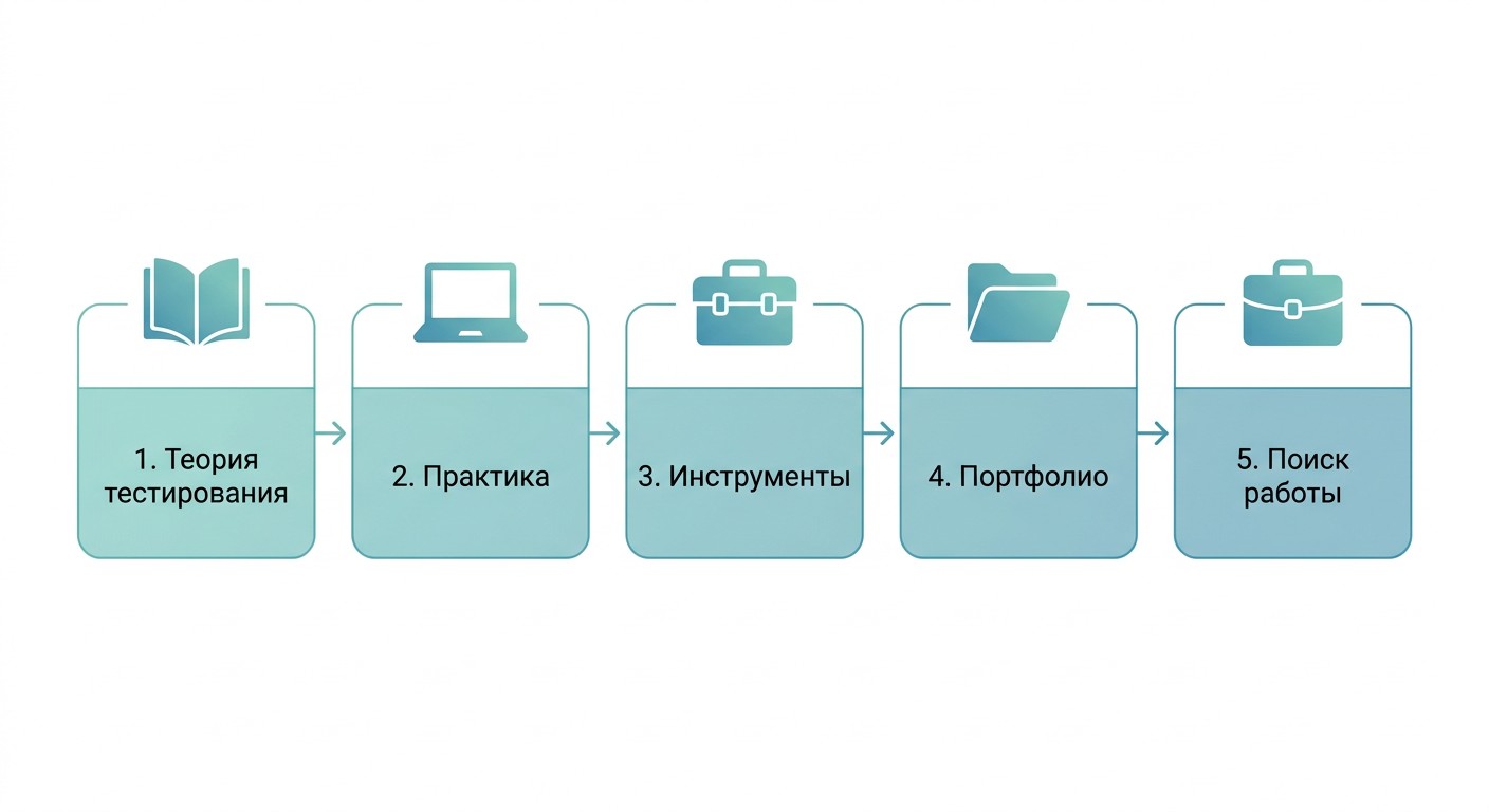 Пять шагов входа в профессию тестировщика ПО — инфографика