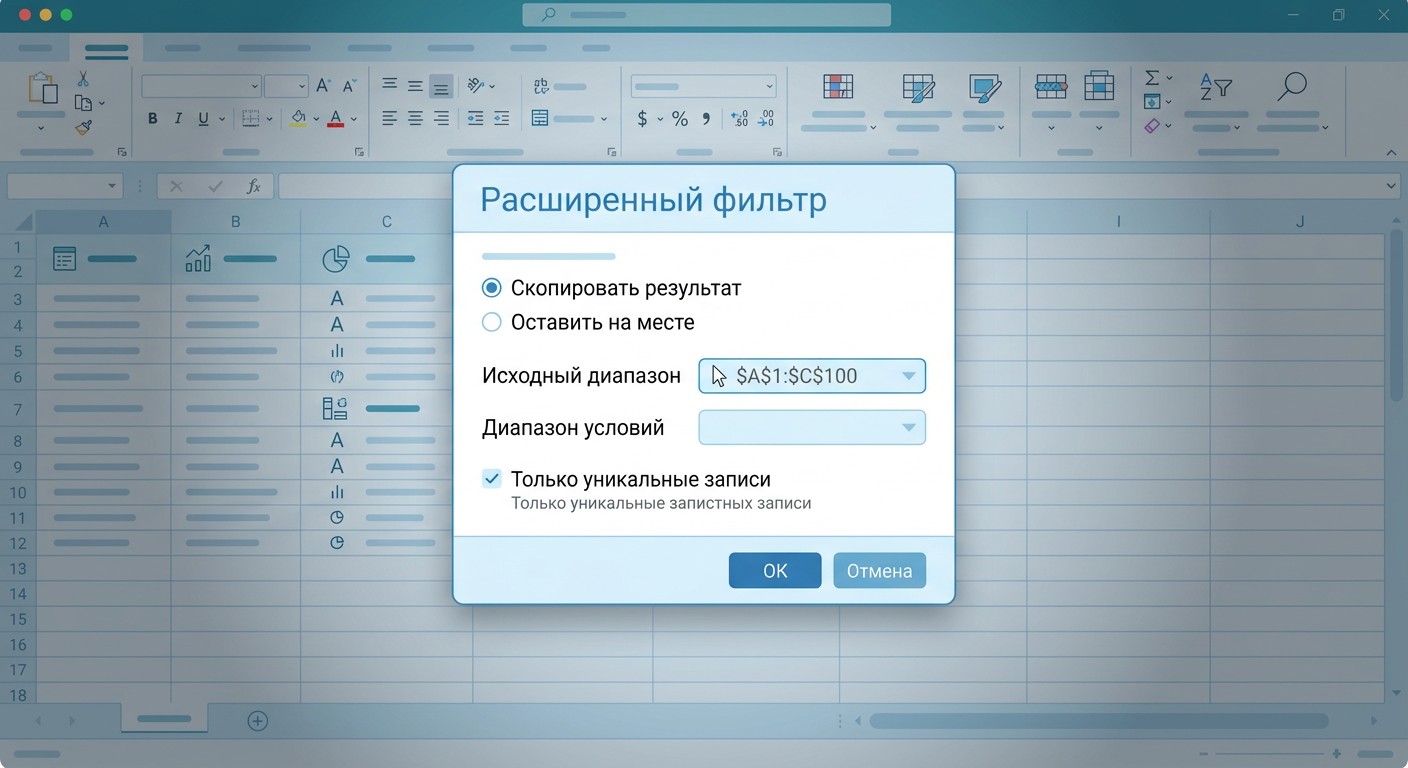 Диалог расширенного фильтра Дополнительно в Excel