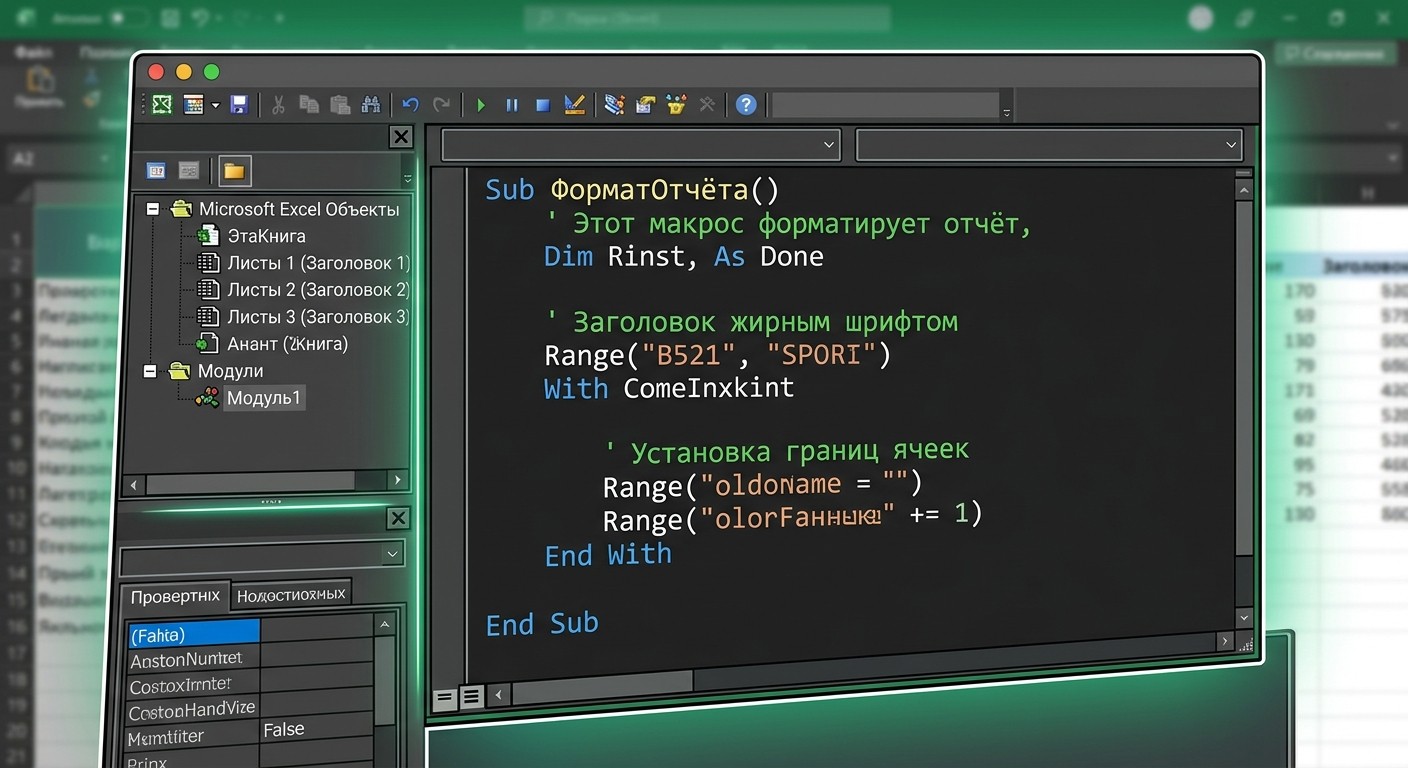Редактор VBA в Excel — пример кода макроса Sub и End Sub