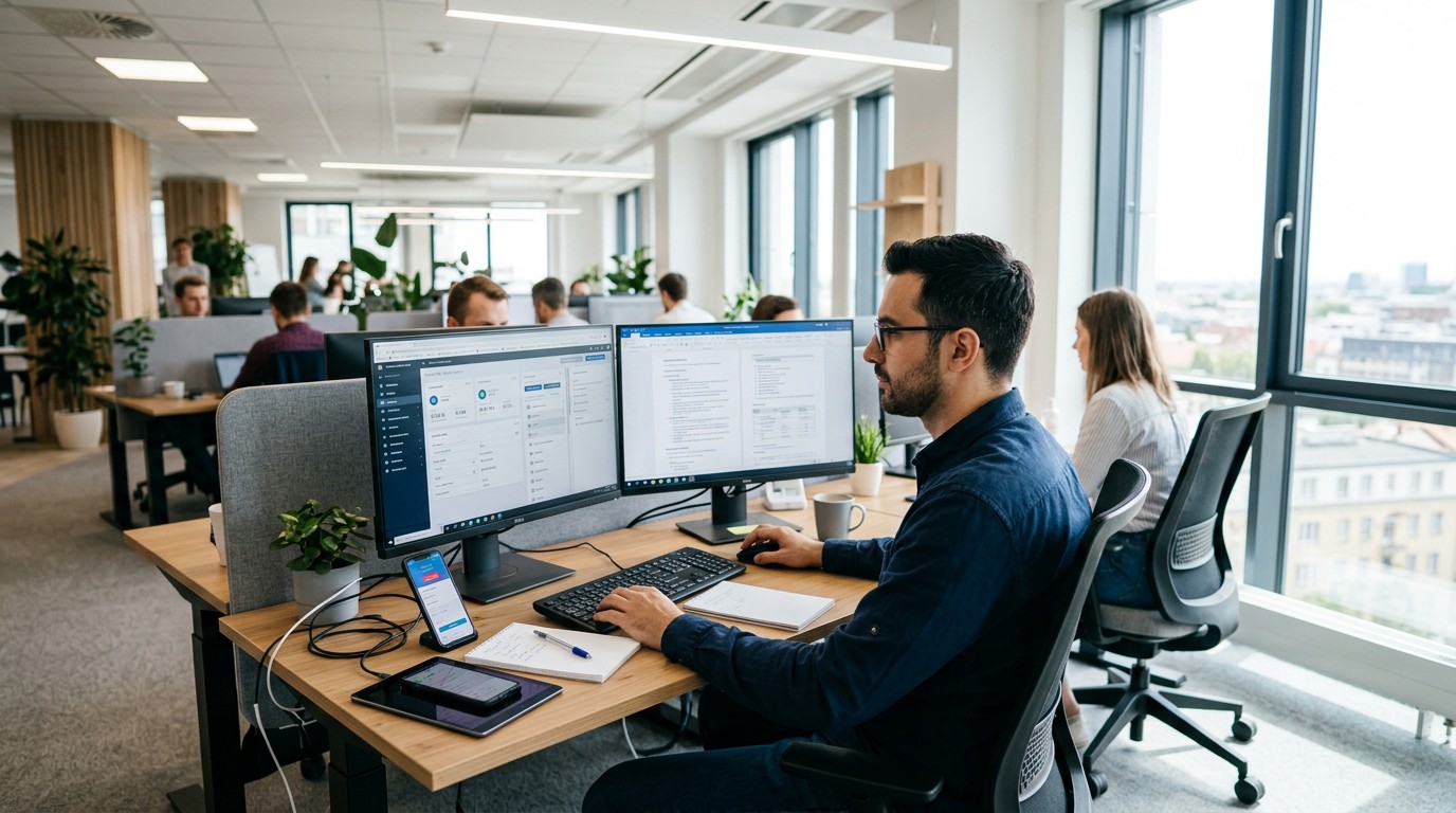 QA-инженер за двумя мониторами с интерфейсом ПО и тест-документацией