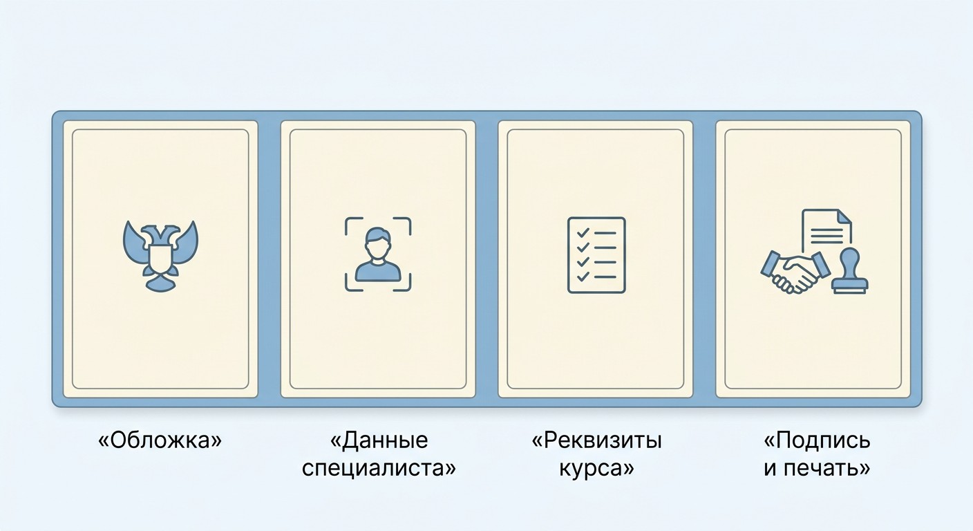Схема четырёх разворотов удостоверения о повышении квалификации