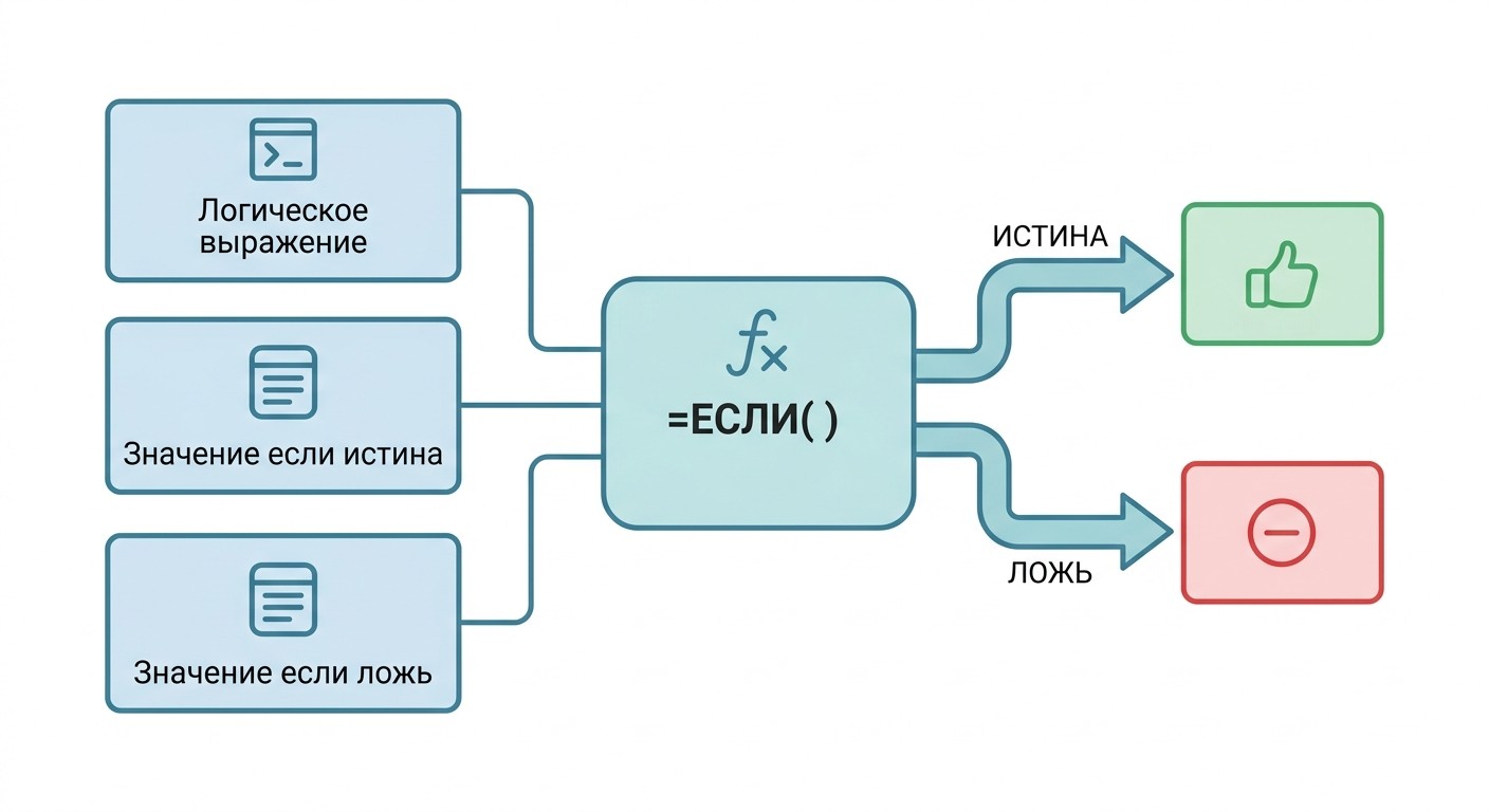 Схема трёх аргументов функции ЕСЛИ и два пути результата