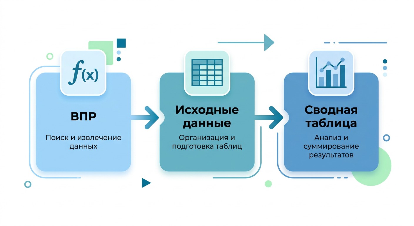 Схема: ВПР обогащает исходные данные для построения сводной таблицы