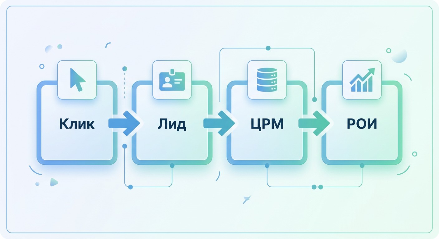 Схема сквозной веб-аналитики: клик — лид — CRM — ROI
