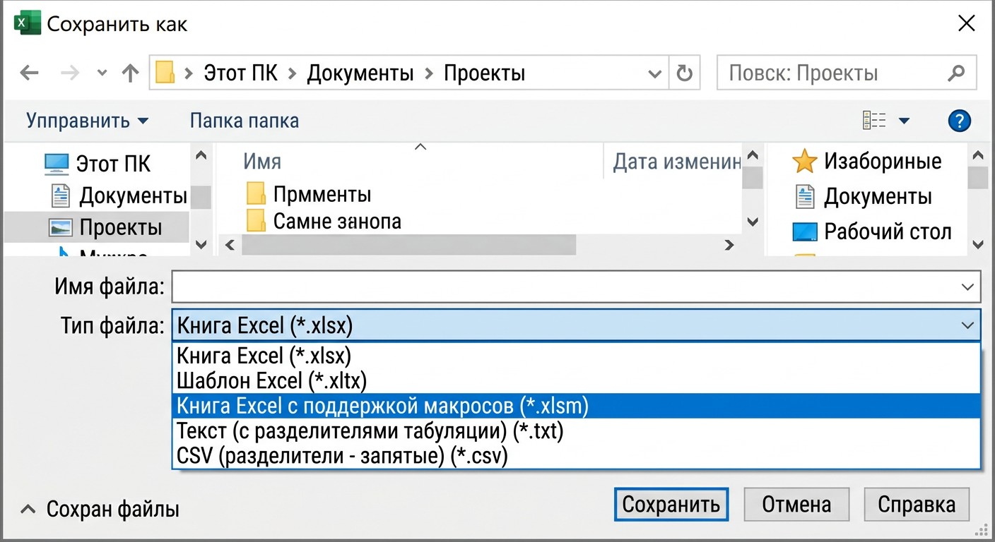 Диалог «Сохранить как» в Excel — выбор формата XLSM для макросов