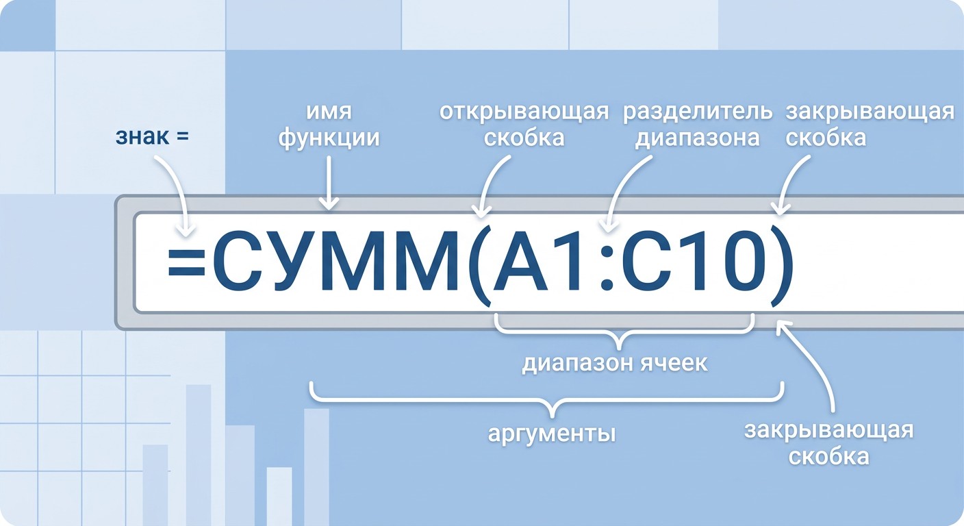 Строка формул Excel с подписями всех компонентов выражения