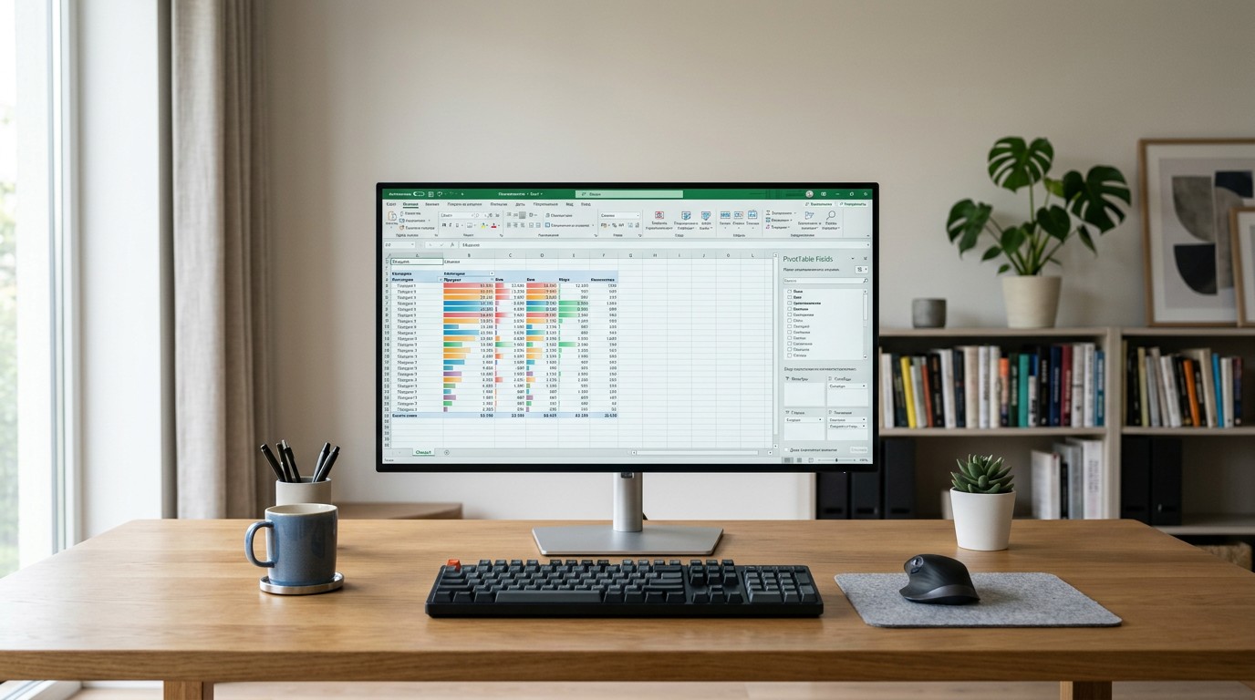 Рабочий стол с Excel и открытой панелью полей сводной таблицы