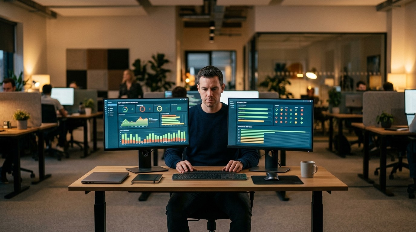 QA-инженер за монитором с дашбордом тест-кейсов — виды тестирования