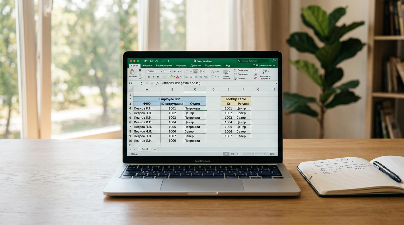 Рабочий стол Excel с двумя таблицами и формулой ВПР