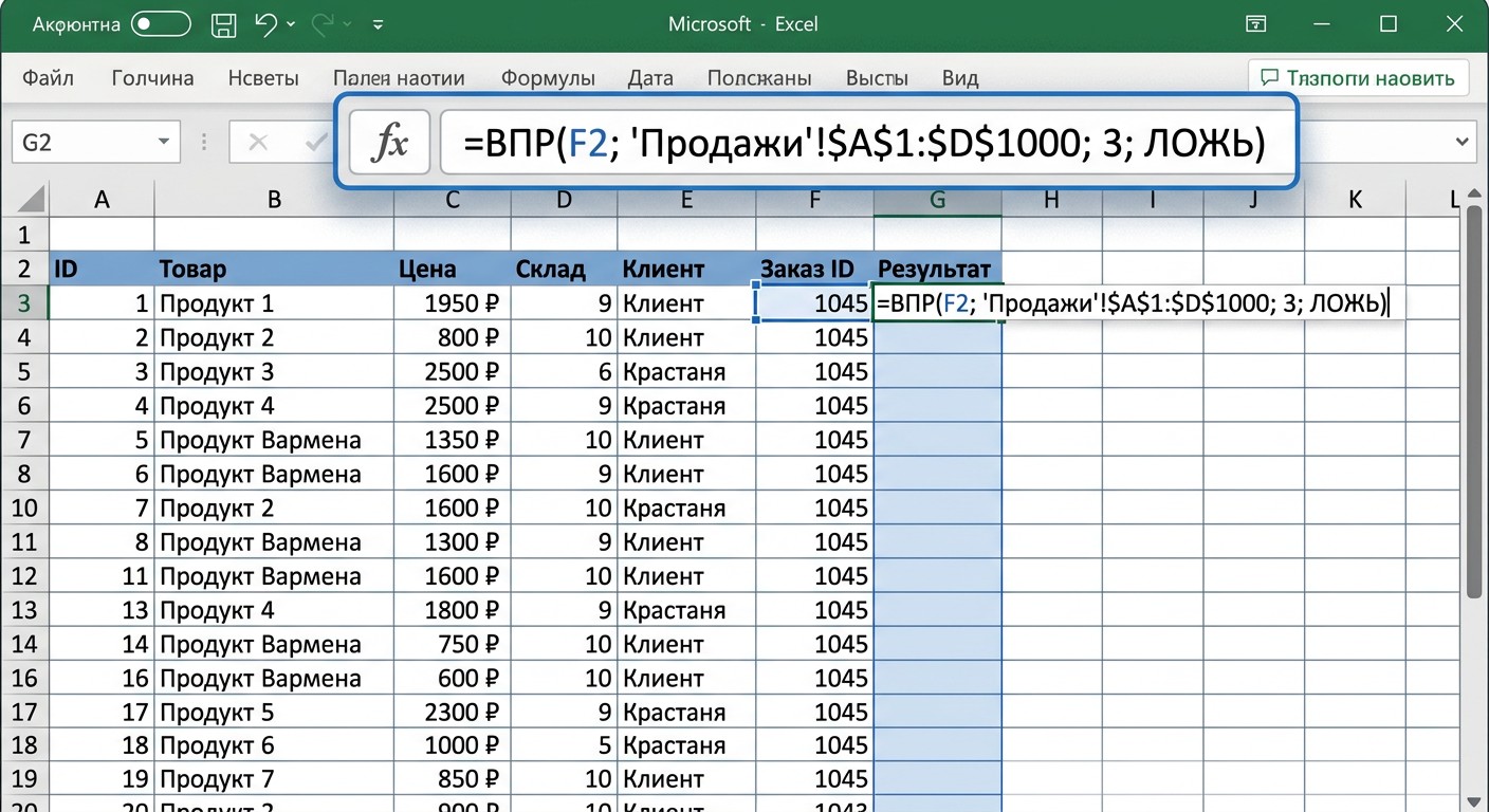 Итоговая формула ВПР в строке fx редактора Excel