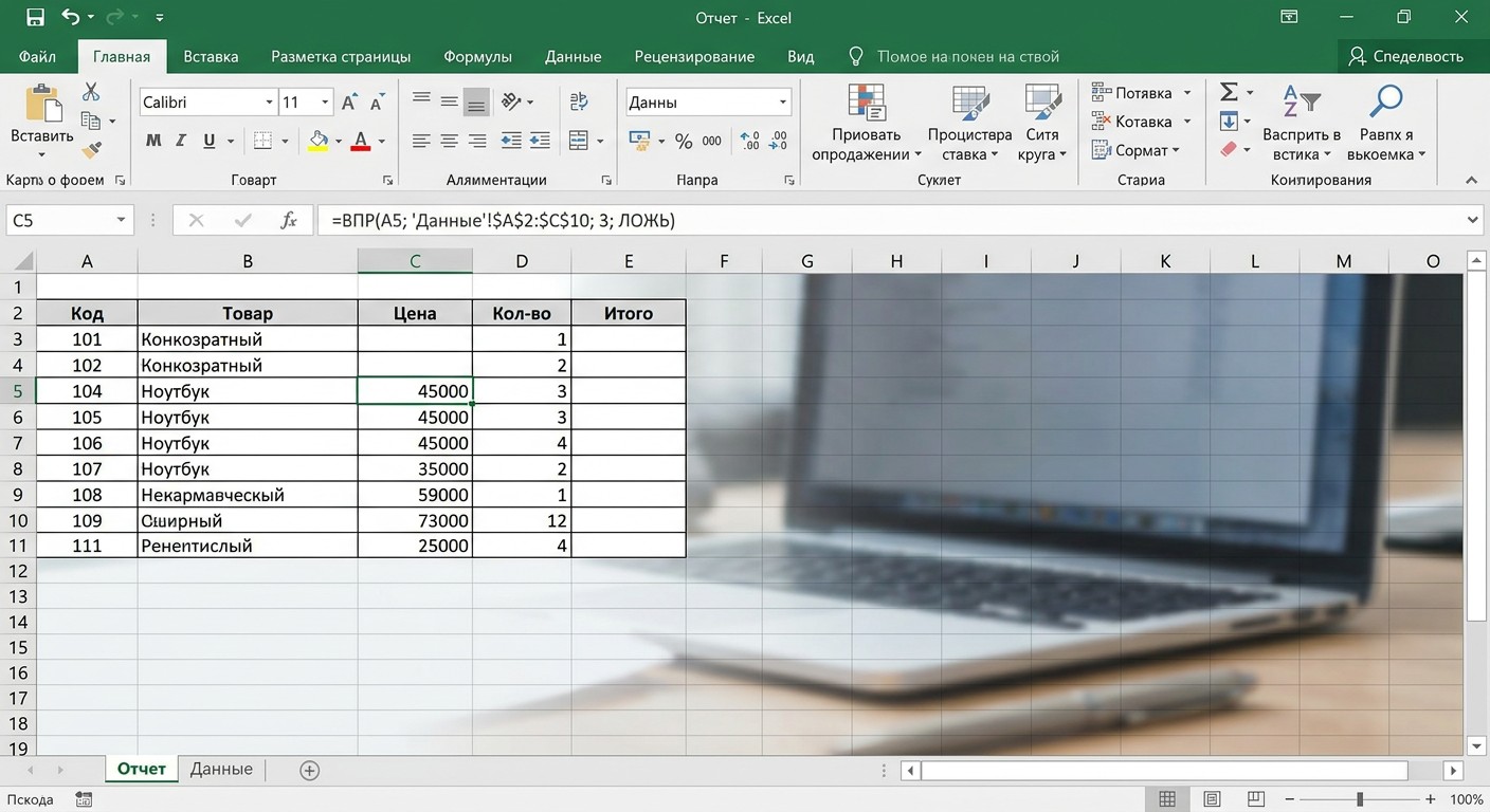 Формула ВПР со ссылкой на другой лист в Excel
