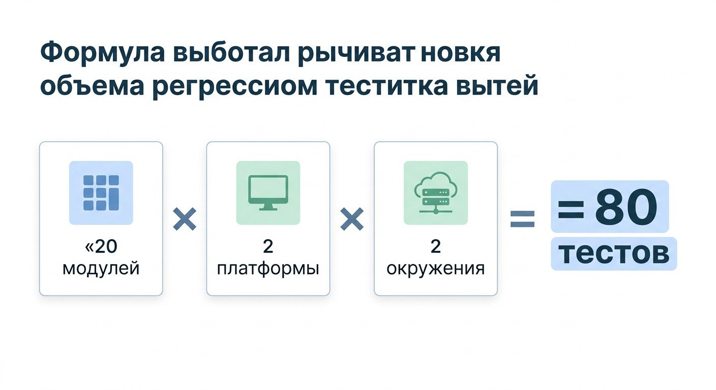 Формула объёма ядра регрессии: 20 модулей × 2 платформы × 2 окружения равно 80 тестов
