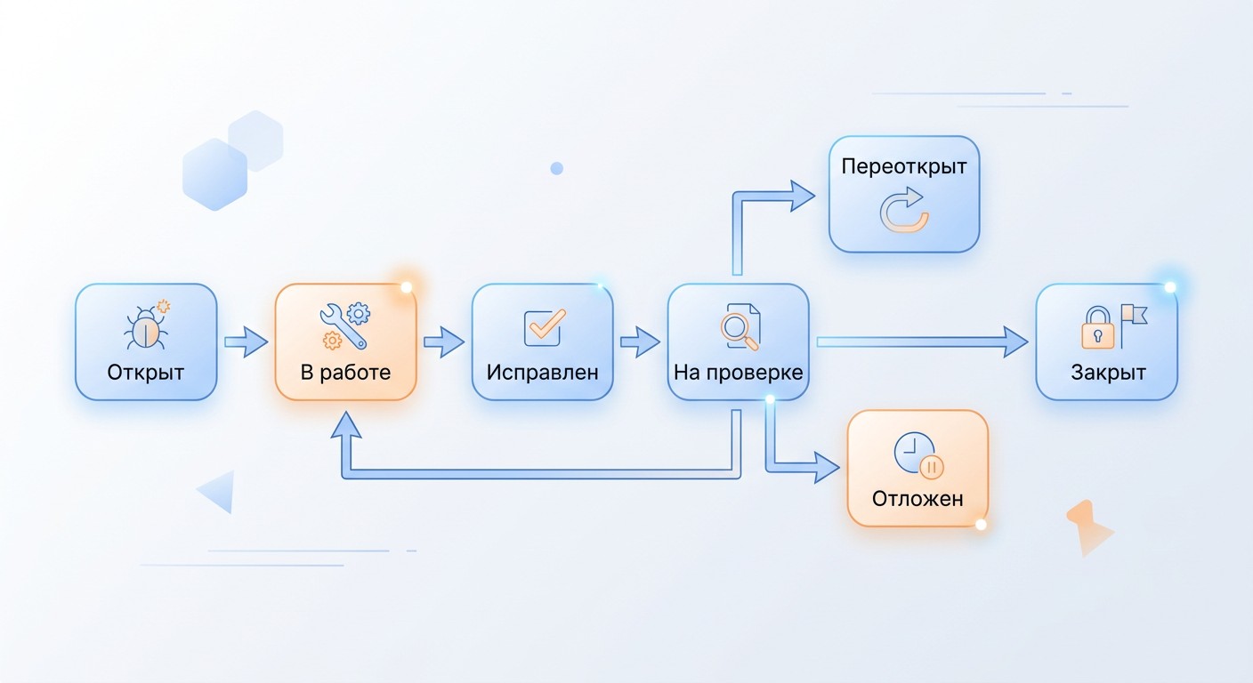 Жизненный цикл дефекта: схема семи статусов баг-репорта с переходами между ними