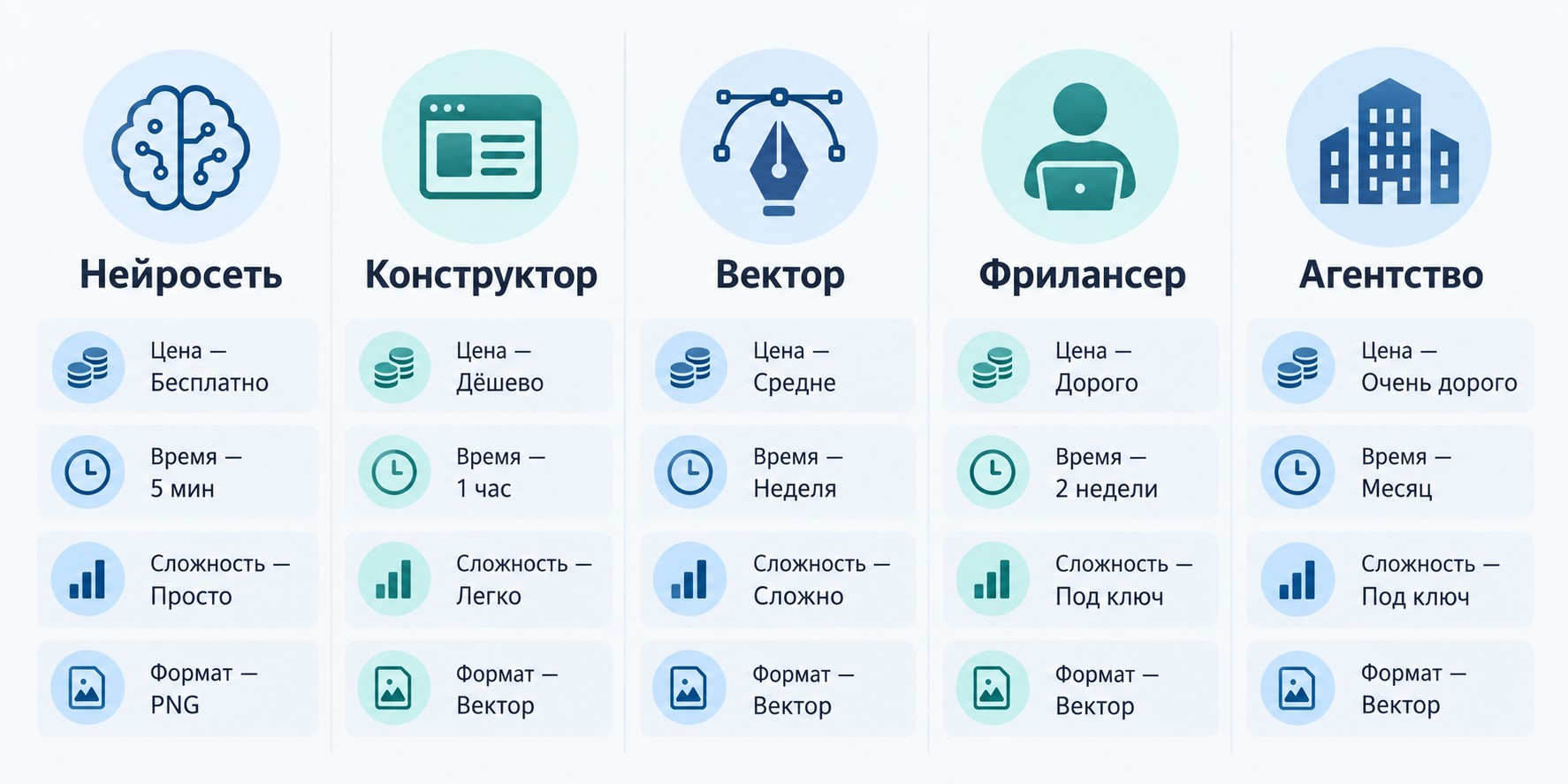 Инфографика сравнение пяти способов создать логотип с ценой и временем