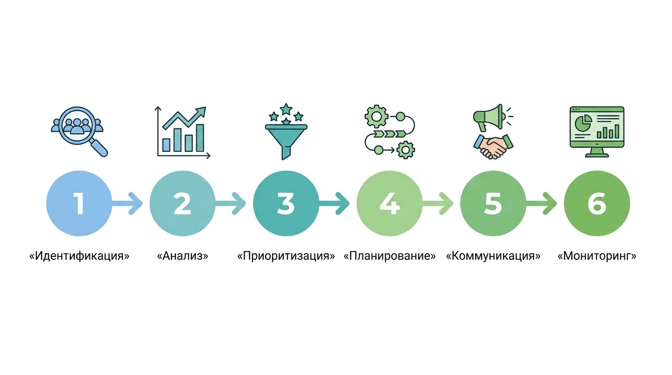 6 шагов управления стейкхолдерами проекта — горизонтальная пошаговая схема