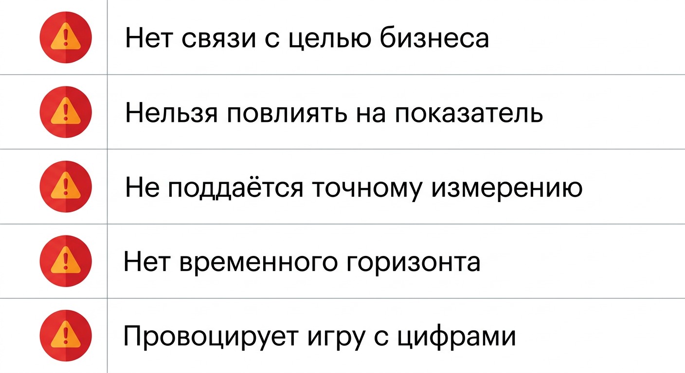 Чеклист признаков ложных KPI в маркетинге с предупреждающими иконками