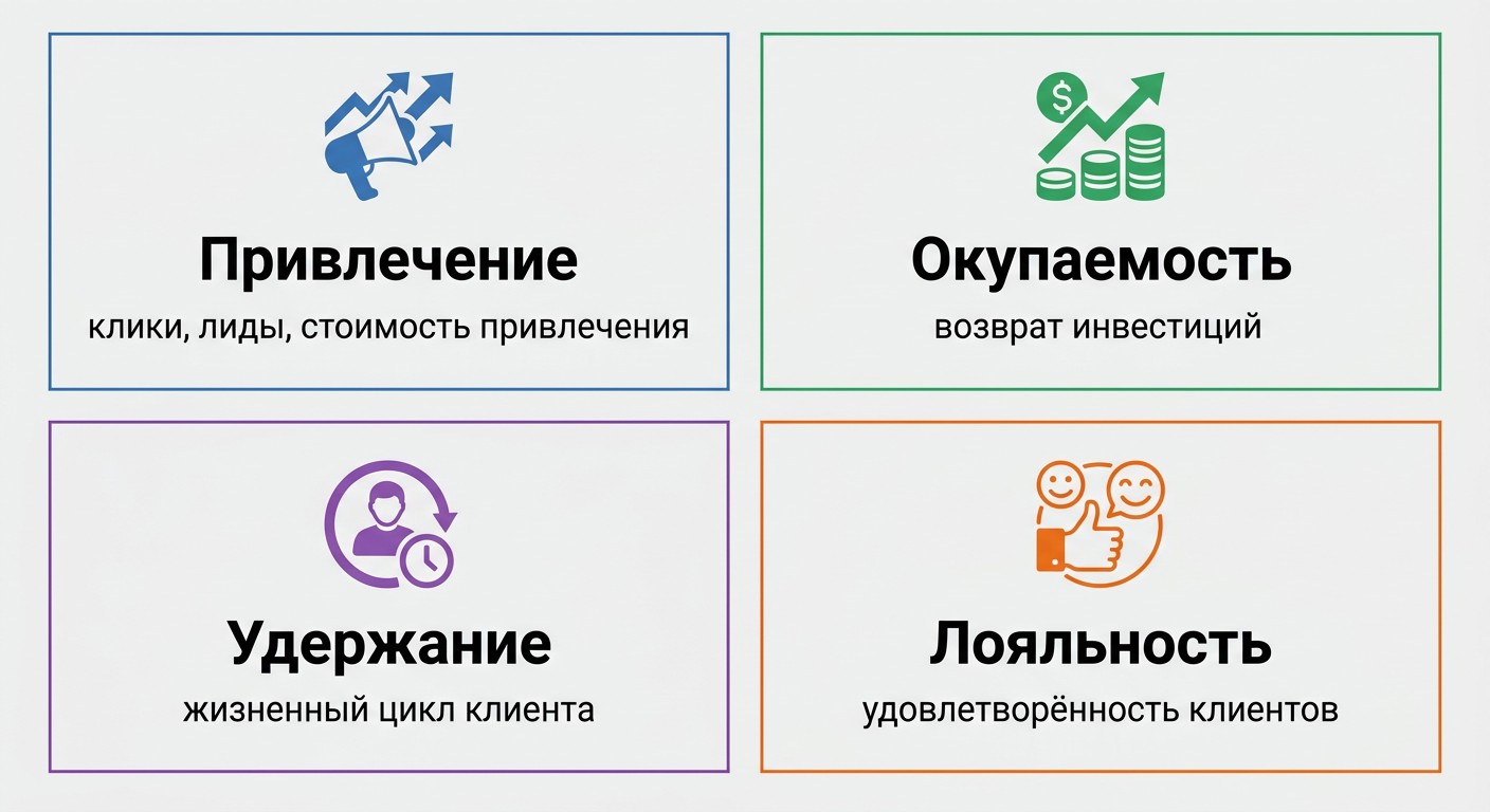 Схема четырёх групп KPI в маркетинге: привлечение, окупаемость, удержание, лояльность