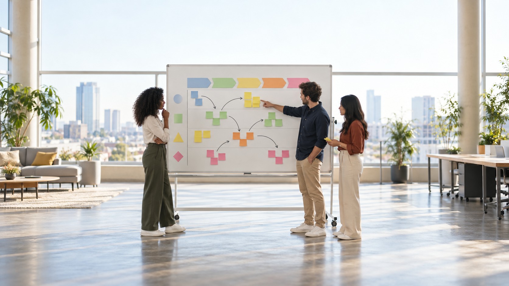 Команда маркетологов обсуждает customer journey map на доске