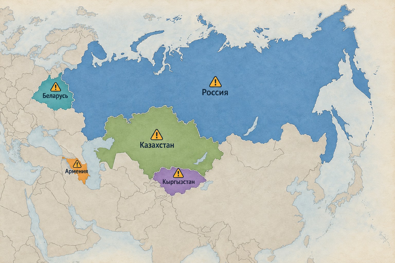 Карта ЕАЭС со странами-участницами и рисками валютного контроля при импорте
